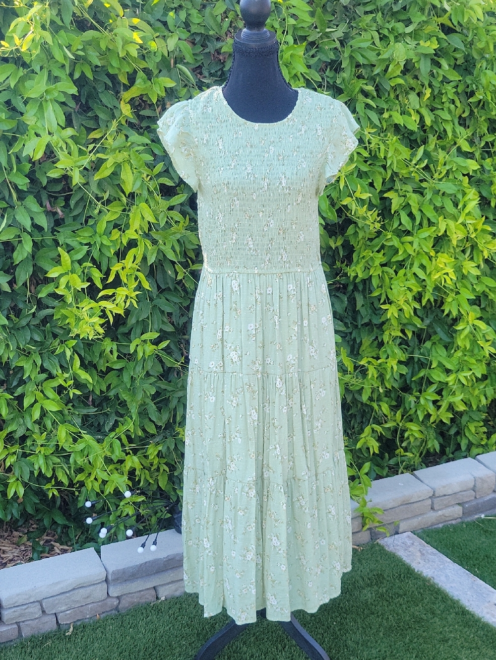 Green Floral Cottagecore Smocked Flowy Tiered Midi Dress